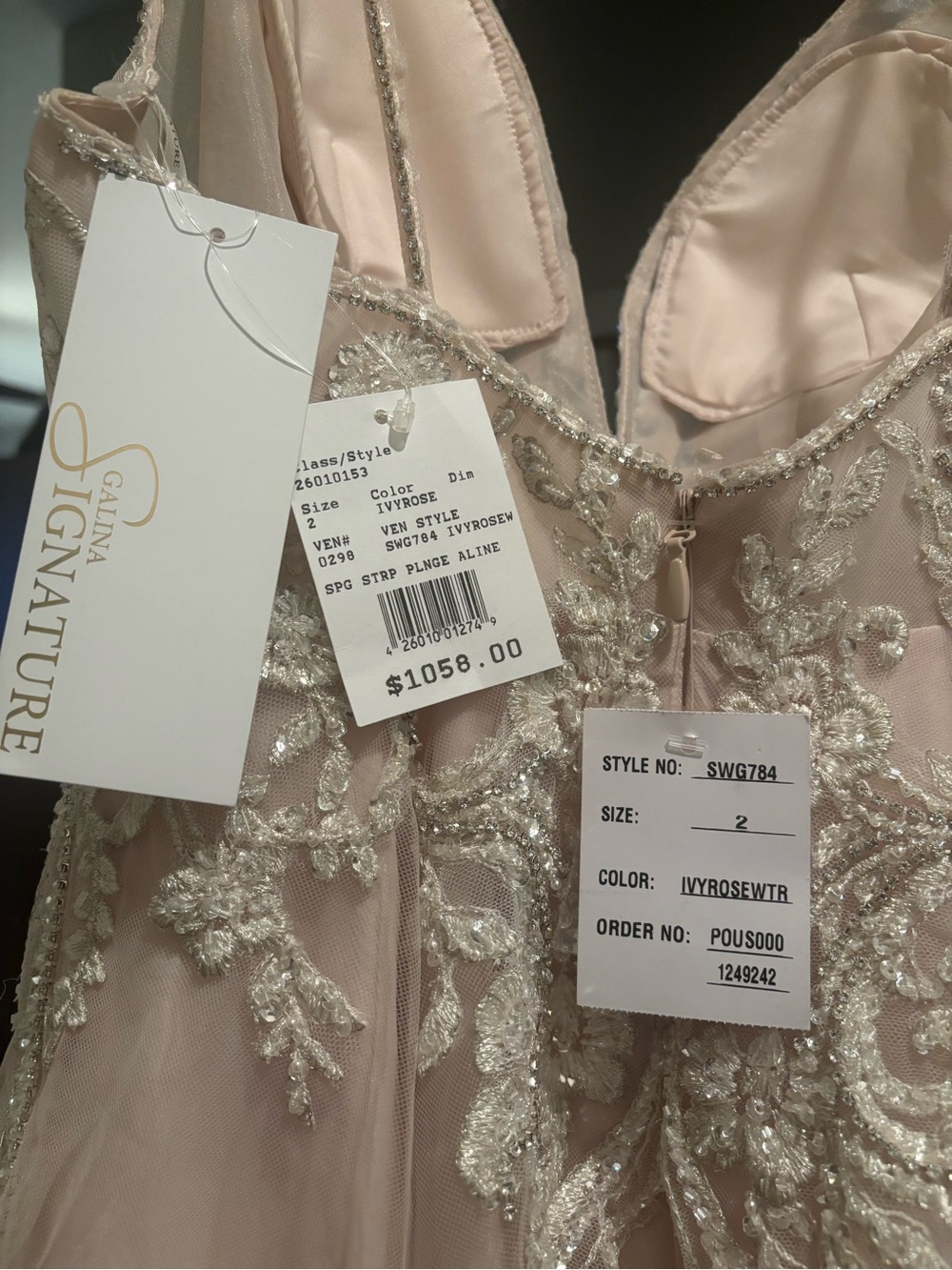 Galina Signature Ivory Rose Beaded A-Line Dress